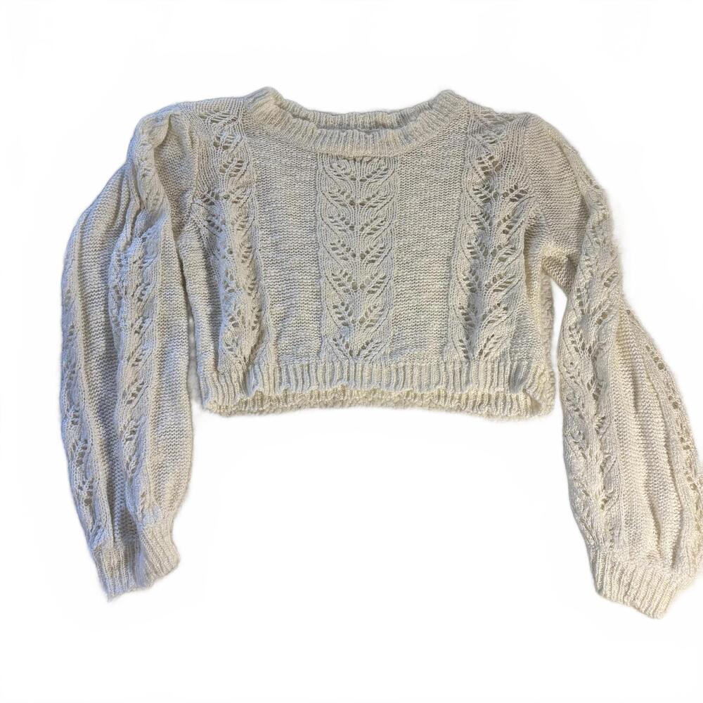 Women’s Altar’d‎ State Knit Cropped Sweater Size L Ivory Scalloped Hem